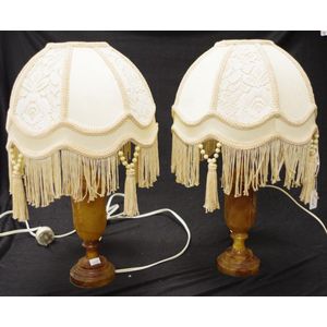 Pair alabaster electric bedside lamps each with amber coloured…