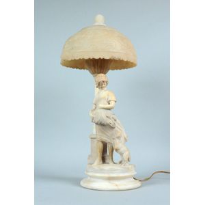 A Victorian marble lamp with original shade, 'Harvest time,…