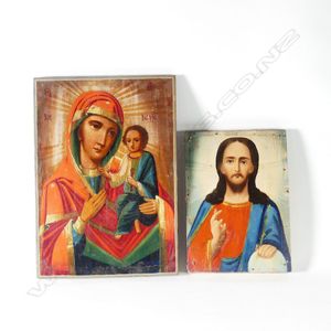 Two Russian icons, 20th century, Hodegetria and Salvator Mundi.…