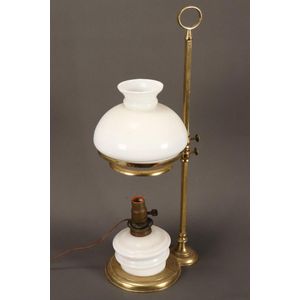 Vintage brass and milk glass lamp, with brass carry handle and…
