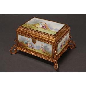 Beautiful French painted jewellery casket and cover, of…