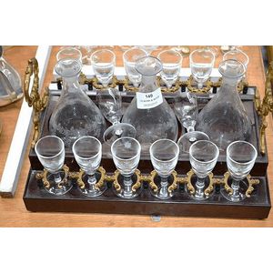 Antique liquer set with three decanters and 14 glasses
