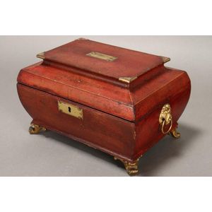 Regency twin handled sewing casket, in red leather, with twin…