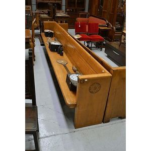 Vintage long maple pew from Jewish Synagogue, carved to one end…