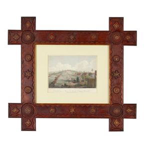 A tramp art Oxford frame, with applied gilt metal fleur de lys…