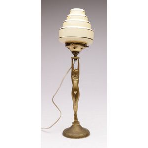 Early 20th Century Art Deco Brass Woman Table Lamp With Original