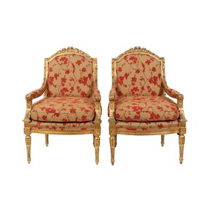 Pair of Louis XVI gilded armchairs, French