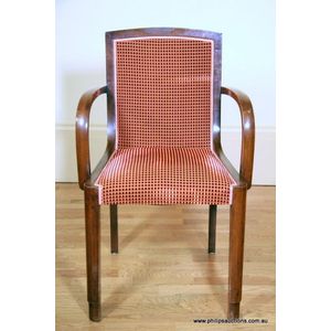 An Art Deco walnut and upholstered bridge chair, circa 1920s,…