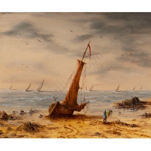 Ronal Cavalla, coastal study with Beached fishing boat, oil on…