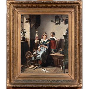 Dutch interior scene with mother and child, in the style of…