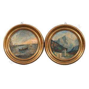 Two circular oil paintings, mountain landscape and boats at sea,…