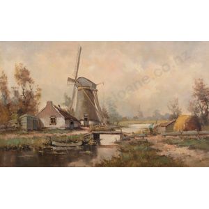 W.J.H La grand, Dutch landscape with windmill, oil on canvas,…