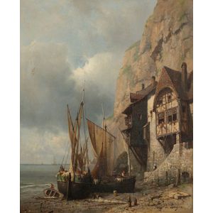 Tony-Francois de Bergue, fishing boats on Shore, oil on board,…