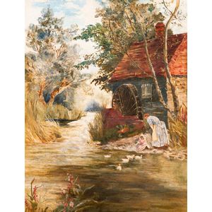 Waterwheel cottage scene with mother and child, oil on canvas,…