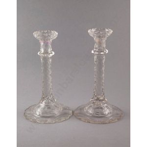 Pair Victorian glass candlesticks, faceted column stems on dome…