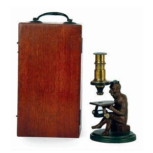 A vintage miniature microscope, attached to a cast iron monkey…