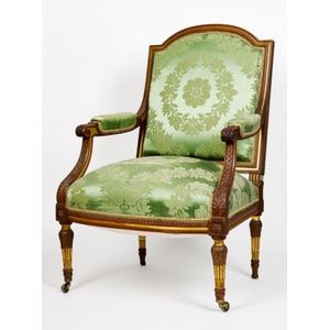 French louis xvi green silk arm chairs