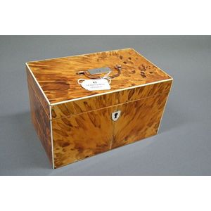 Fine antique English blonde tortoise shell and ivory tea caddy,…