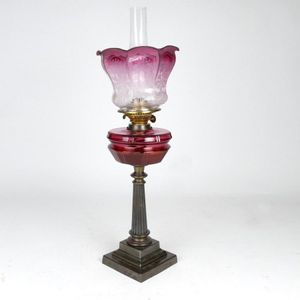 Victorian Cranberry Kerosene Lamp with Etched Shade - Lamps - Kerosene ...