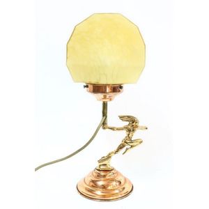 An Art Deco style brass & copper table lamp, with flying…