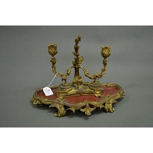 Antique French gilt bronze and rouge marble double ink stand…