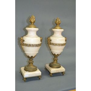 Pair antique gilt bronze and marble cassolletes, of baluster…