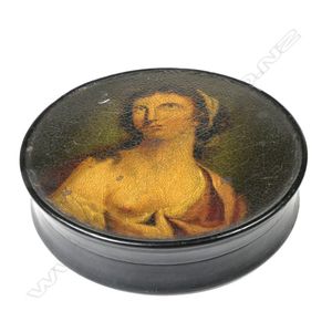 A 19th century papier-mache snuff box, the lid with painted…