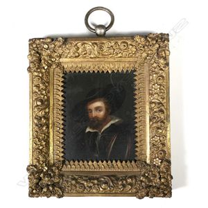 A portrait miniature in oils on board, after Ruebens, in…