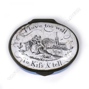 A Georgian Bilston style enamel patch box, the hinged lid…