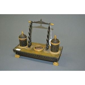Antique French bronze ink stand, fitted with cast bronze pots…