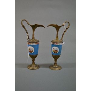Pair of antique porcelain and bronze ornamental ewers, (2) 20.5…