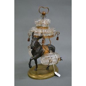 Donkey and gilt metal liqueur set, fitted with two glass…