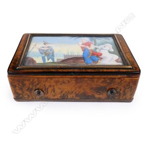 A 19th century fruitwood miniature music box, the hinged lid…
