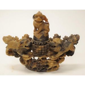 Carved Soapstone Figural Vase with Monkey Finial and Dogs - Zother ...