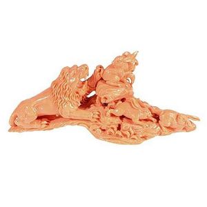 A fine Chinese carved coral group of lion harassing rabbits&hellip;