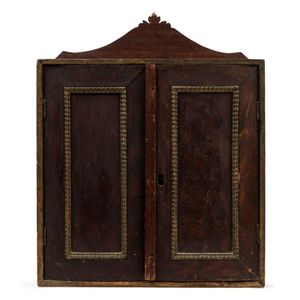 A folk art miniature cabinet, cedar and pine with gilt finished…