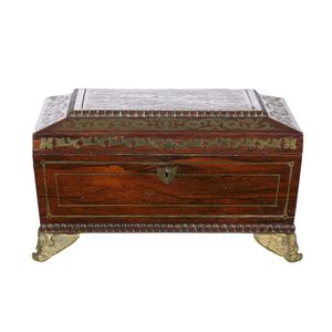 A Regency rosewood brass inlaid sarcophagus work box, fitted…