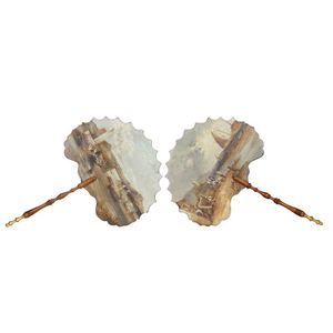 A pair of Victorian paper mache hand held face screens, each…