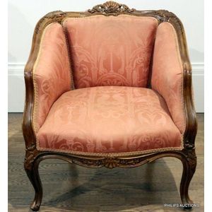 Pair of Antique Louis XV Bergere Chairs Upholstered in Silk Scalamandré  Fabric