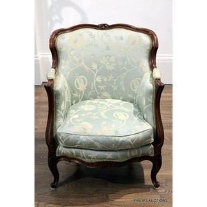 French Louis XV Bergere Chair + Vintage Damask Upholstery