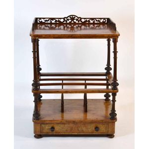 A Victorian burr walnut and inlay canterbury whatnot, c.1880.…