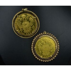2 x Austrian 4 Ducat gold coin both set in patterned 18ct…
