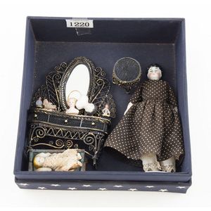 China head doll with metal dressing table and stool, tiny…