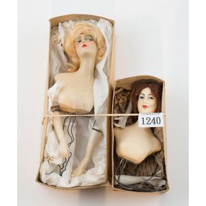 Two wax over composition half head dolls painted features with…