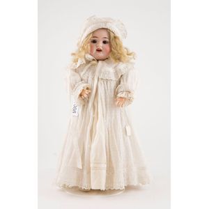 Theodor Recknagel bisque doll brown eyes, two top teeth blonde…