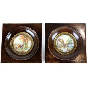 Two vintage Continental miniature paintings of bucolic scenes,…