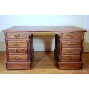 Midcentury Partner Desk with Leather Top and Brass Handles - Desks ...