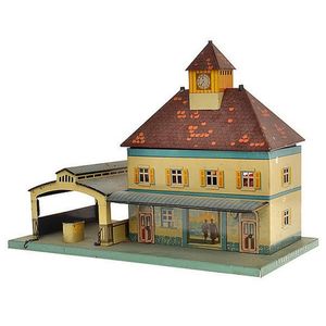 Bing O gauge tinplate station. German, two storey, with…