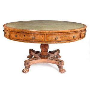 A fine Regency inlaid mahogany and satinwood circular drum…