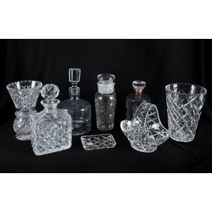 Crystal and glass decanters, cocktail shaker, vases, basket and…